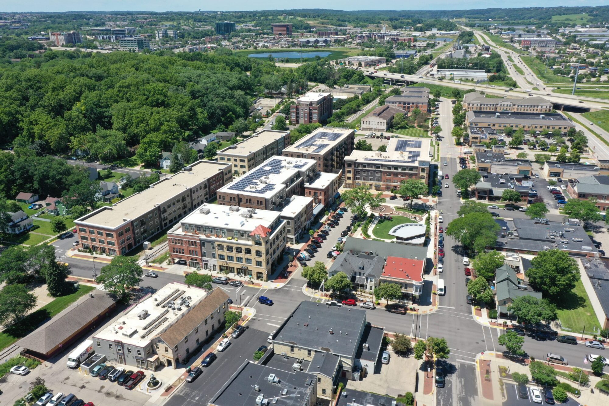 Top view of Middleton, WI city with fresh landscape design services by Carrington Lawn & Landscape